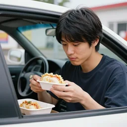 close up of ryosuke takahashi in his mazda rx 7 getting food at a drive - through, initial d anime, initial d anime 1 0 8 0 p, detailed anime face, 1 9 9 8's anime