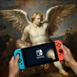 the creation of adam fresco painting, holding a nintendo switch