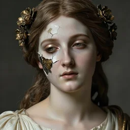 hyperrealism close - up mythological portrait of a beautiful medieval woman's shattered face partially made of bronze color flowers in style of classicism, pale skin, wearing ivory colour dress, dark and dull palette