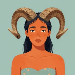 illustrated portrait of ugly ram-horned woman with orange skin