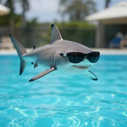 a shark wearing sunglasses diving into a pool. photographic, photography