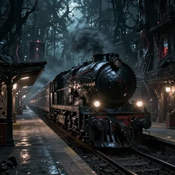 locomotive arriving to train station in a horror city. black metal. nightmarish, horrific, scary, atmospheric, epic scene, unreal engine render, octane render