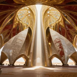 interior of a futuristic lotus temple with gold, red and white marble panels, shafts of sunlight in the centre, in the desert, by zaha hadid, intricate contemporary architecture with art nouveau motifs, photo journalism, photography, cinematic, national geographic photoshoot