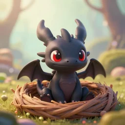 a portrait of a cute happy tiny black chibi young dragon inside a nest, red eyes, artstation, by magali villeneuve, by greg rutkowski, depth of field, beautiful lighting, pastel colors, bokeh, fantasy art