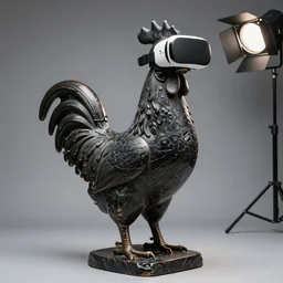 a portrait of monumental rooster antique statue in shape of creative man, vr helmet on head, black rock statue material, nhl logo, studio light, hasselblad photo, 8 k resolution