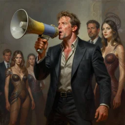 epic professional digital art of alex jones holding a bullhorn, atmospheric lighting, painted, intricate, detailed, by leesha hannigan, wayne haag, reyna rochin, ignacio fernandez rios, mark ryden, iris van herpen.