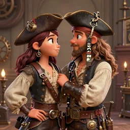 vintage. steampunk. loving pirate couple. art by pixar