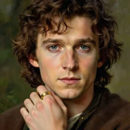 portrait of tom holland as frodo, hobbit wearing a gold ring with engravings on his finger, by alan lee, lord of the rings, smooth, detailed terrain, oil painting, matte painting, concept art, trending on artstation, promotional artwork, film still, elegant, photorealistic facial features, intricate, detailed face, cinematic lighting