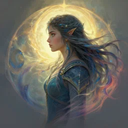 side profile centered painted portrait, Maya Ali as a Elden Ring wind mage, wispy wind tendrils, D&D, matte painting concept art, beautifully backlit, official fanart, 4k, HDR, Trending on artstation, Behance, Art Nouveau, chromatic colours, by Jesper Ejsing and RHADS and Makoto Shinkai and Lois van baarle and ilya kuvshinov and rossdraws and Cushart Krentz and Gilleard James