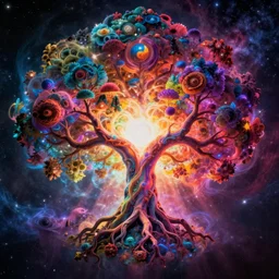 that our soul is just one root off a greater tree that climbs high up through the many dimensions and realities until it eventually reaches nirvana, vibrant color, rendered in cryengine, cosmic scale, the shape of the universe