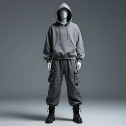 a mannequin dressed in a futuristic cyberpunk outfit, hoodie, baggy pants, fashion photography, studio lighting, ash thorp