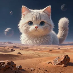 landscape shot of a desolate planet, with a giant fluffy kitten in the distance, fantasy, high detail, elegant, digital painting, cinematic lighting, vibrant, intricate, textured skin, highly detailed, artstation, sharp, focus, HDR, unreal engine 5, breathtaking, illustration, Anna Dittmann, Ilya Kuvshinov, Nikolay Makovsky