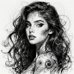 portrait of a beautiful woman, long fractal, scribble art, speed painting, black and white, speed painting, intricate details, black on black, 8k
