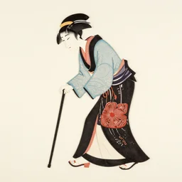 traditional japanese paper cutting art of edo period woman walking bent over with a cane
