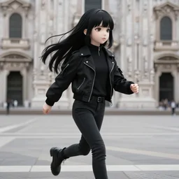 1 7 - year - old pale - skinned anime girl with black long bob cut, long bangs, black gothic jacket, black jeans, running through italian town, yellow sunshine, sepia sun, strong lighting, strong shadows, vivid hues, ultra - realistic, sharp details, subsurface scattering, intricate details, hd anime, 2 0 1 9 anime