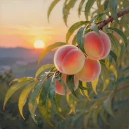 a beautiful painting by banska stiavnica nature in sunset, beautiful fruit tree, translucent peach, backlit leaves by greg rutkowski and james gurney, artstation