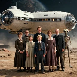sharp, detailed, still from a sci fi blockbuster color movie made in 2022, set in 1860, of a family standing in front of a spaceship that has just landed on an alien planet, a humanoid alien creature stands nearby, the family are all wearing 1850s era clothes, cinematic lighting, cinematic camera, 4k, sharp focus, extremely good quality lighting, good quality photography, A list cast, famous actors, famous actresses, oscar winner