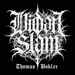 masterpiece, intricate black death metal logo calligraphy by thomas bokler, wildan slam art, behance, detailed white letters on black background