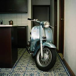 a photograph of a shiny vintage motorbike in dark kitchen and a coridor with portugese tile on the floor, shot on film, 3 5 mm, cinematic