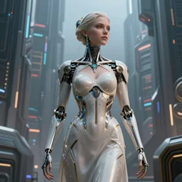 ultra realistic, gorgeous cyborg woman, in a space metropolis, sci-fi, cyberpunk, fantasy, intricate details, elegant, highly detailed, photorealistic, octane render, 8k, unreal engine, concept art, art by artgerm and greg rutkowski and alphonse mucha