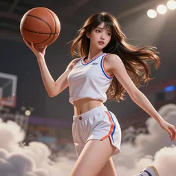 a beautiful female goddess of the basketball character, character is in all its glory, character is in her natural relaxed pose, rim lights, particles and dust in the air, fancy clouds, highly detailed professional photo, dynamic lights, particles are flying, depth of field, trending on artstation, professional illustration, hyper realistic, vray caustics, super detailed, colorful accents, cinematic shot