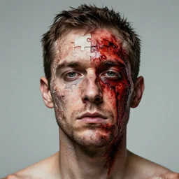 portrait of a man with a bloody face. his face like a jigsaw puzzle. art by glenn fabry.