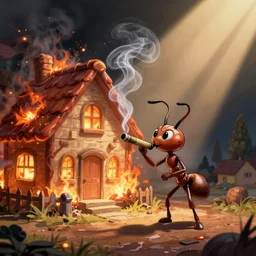 Cartoon ant smoking a blunt infront of a burning house