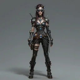 a cybergoth woman wearing goggles and eccentric jewelry by jamie hewlett :: full body character concept art, single face, detailed, intricate