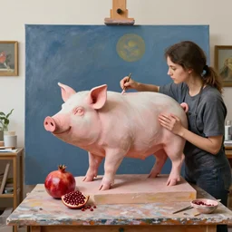 a female art student in her apartment, sculpture work in progress, pig, pomegranate, acrylic on canvas, surrealist, by magritte and monet