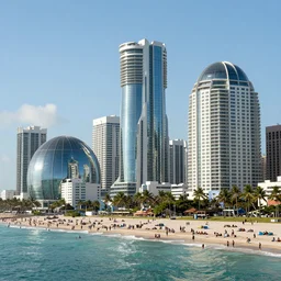 futuristic miami with buildings builts under humongous glass domes, view from the sea, crowded beach, sunlight, hyperdetailed, artstation, cgsociety, 8 k