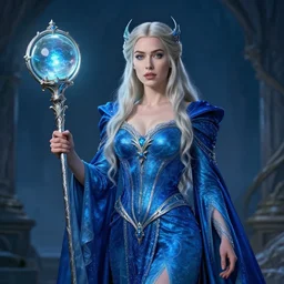 rosamund pike as blue sorceress, staff with glass orb, fantasy art, epic, fantasy, intricate, hyper detailed, concept art, smooth, sharp focus, ray tracing, vibrant, photorealistic, simon bisley