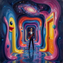 an extremely high quality hd surrealism painting of a 3d galactic neon complimentary-colored cartoony surrealism melting optically illusiony hallway by kandsky and salviadoor dali the seventh, salvador dali's much much much much more talented painter cousin, 4k, ultra realistic, super realistic, so realistic that it changes your life