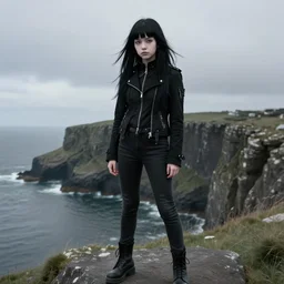 1 7 - year - old pale - skinned persian girl with black long bob cut, long bangs, black gothic jacket, black jeans, psychic girl, standing on cliff along the irish coast, overcast gray skies, ultra - realistic, sharp details,, intricate details, art by william - adolphe bouguereau