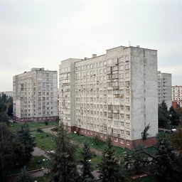 brutalist architecture, dormitory complex in soviet russia, analogue photography