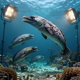 underwater enviroment with Pelican Eel creatures, unreal 5, hyperrealistic, realistic, photorealistic, dynamic lighting, highly detailed, cinematic landscape, studio landscape, studio lighting