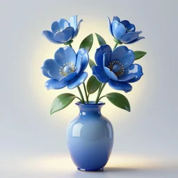 glossy big flowers in delfsblauw vase, modern studio light soft colour, backlight green leaves
