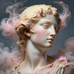 epic beautiful intricate and detailed concept art. abstract supermodel woman face pose silhouette mixing with blond and pink liquid fluid carbon gol. abstract sculpture. art noveau clouds. 1 7 th century masterpiece by michelangelo. aetheral, epic concept art, close up portrait photography by amy leibowitz. greg rutkowski, 3 d, wlop, victo ngai, kandinski