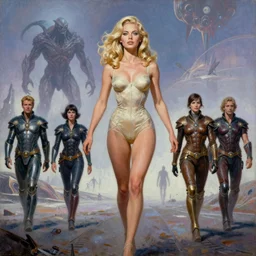 a mixed media painting of one very beautiful blonde woman fleeing from a distant colossus creature on an alien world, elegant, aesthetic!!! symmetrical face and eyes, sixties pinup, by frank frazetta, donato giancola, boris vallejo, greg rutkowski, christian macnevin, leather scifi armor, photorealistic, curvy, epic sci - fi character art,