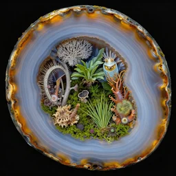 close up of moss agate with various biological ecosystem growing inside, insanely detailed, surrealist, hyper realistic, in the style of dali and rene magritte