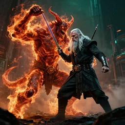 cyberpunk gandalf fighting the fiery balrog photo