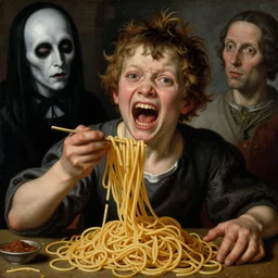 a boy made of spaghetti, looking into camera, screaming in pain, by giuseppe arcimboldo and ambrosius benson, renaissance, intricate and intense oil paint, a touch of beksinski and hr giger and edward munch, realistic