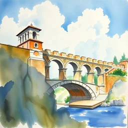 small centered on watercolor paper, paint brush strokes, abstract watercolor painting of ancient roman bridge in bright daylight, tall clouds, cinematic light, national romanticism by hans dahl, by jesper ejsing, by anders zorn, by greg rutkowski, by greg manchess, by tyler edlin