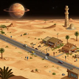 main street of a small human colony, on a remote desert planet, from a space themed point and click 2 d graphic adventure game, art inspired by tomb raider and thomas kinkade