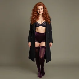 a portrait of a young woman with auburn hair, full length, velvet stockings, bra, smart, rich, traveling clothes, artist, artistic, shallan davar, blue eyes, beautiful, smiling, thick hair, dnd, rpg, shy, quick witted, artgerm style