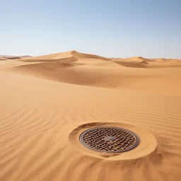 photo of sahara desert rolling sand dunes hills with bronze manhole covers