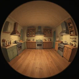 fisheye spiral lines, naive, extra narrow, detailed illustration of a kitchen, large floor, dimly lit by rhads from lorax movie, trending artstation, wood texture