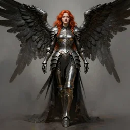 ascending dark full body redhead goddess angel,  intricate armor, highly detailed, digital painting, artstation, concept art, smooth, sharp focus, illustration, Unreal Engine 5, 8K, art by artgerm and greg rutkowski and alphonse mucha