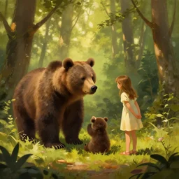 two young girls playing with a pet bear in the forest. gold - green ambient lighting, digital concept art, painting by greg rutkowski