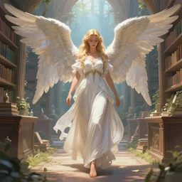 infinitely detailed concept art of angel elegantly clothed strolling through a peaceful path, artstation!! / pixiv!!! infinitely detailed, library dream world library scenery art concept, dream magical, dream scenery art, dream lighting, full - body majestic angel