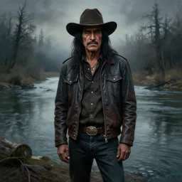 chicano street style grunge painting of a river. in the distance, there is a forest. by bob ross, grim, gothic, ominous, haunting, foggy background, immaculate scale, hyper - realistic, trending on artstation, 8 k, detailed, atmospheric, immaculate